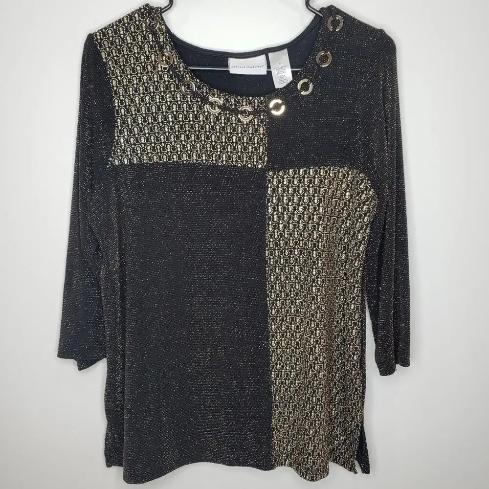 Alfred Dunner 3/4 Sleeve Black and Gold Shirt with Gold toned Metal Hardware